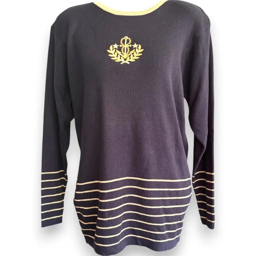 Casual Corner Vintage Nautical Anchor Crest Sweater Black Gold Metallic Womens M
